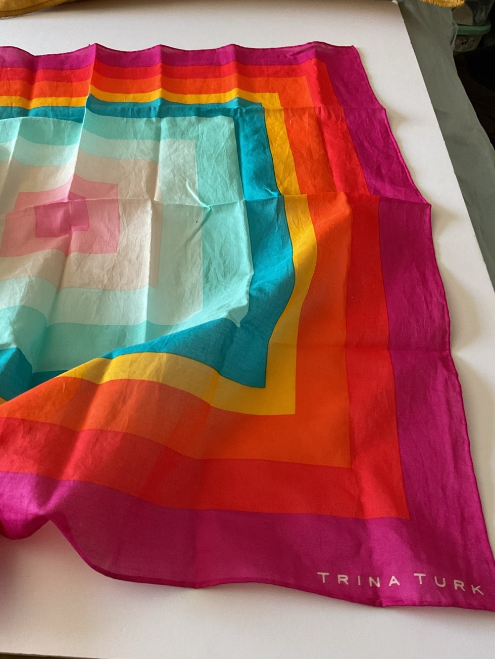 TRINA TURK FINE COTTON SCARF MULTI COLOR SQUARE IN A SQUARE PATTERN 23” NWOT